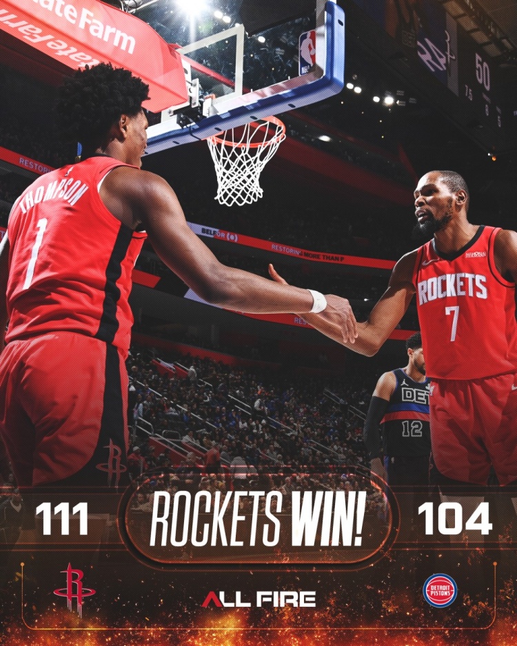 球速平台-正负值最高二人组！火箭赢球海报：封面为杜兰特+阿门击掌瞬间